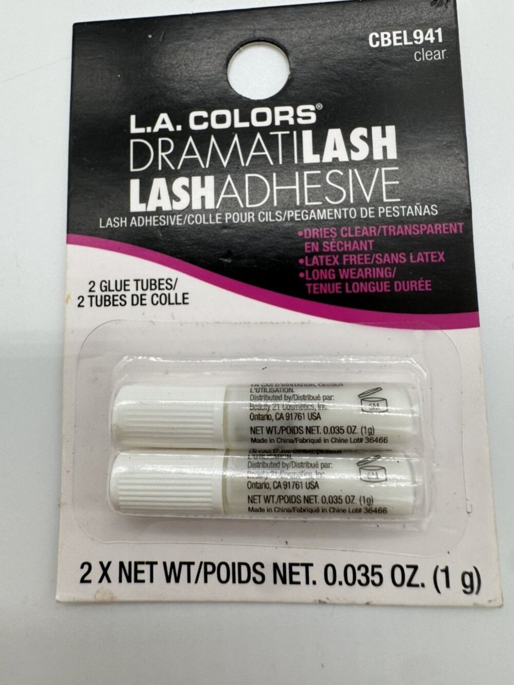 L.A. Colors Dramatic Lash Adhesive CBEL941 Clear 2 Tubes New 0.035 Oz New